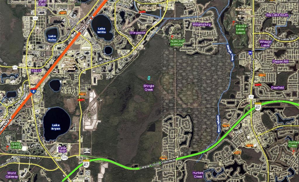 This map shows the area around Shingle Creek, Interstate 4, and the Central Florida Greeneway — INTERNATIONAL DR S, ORLANDO, FL