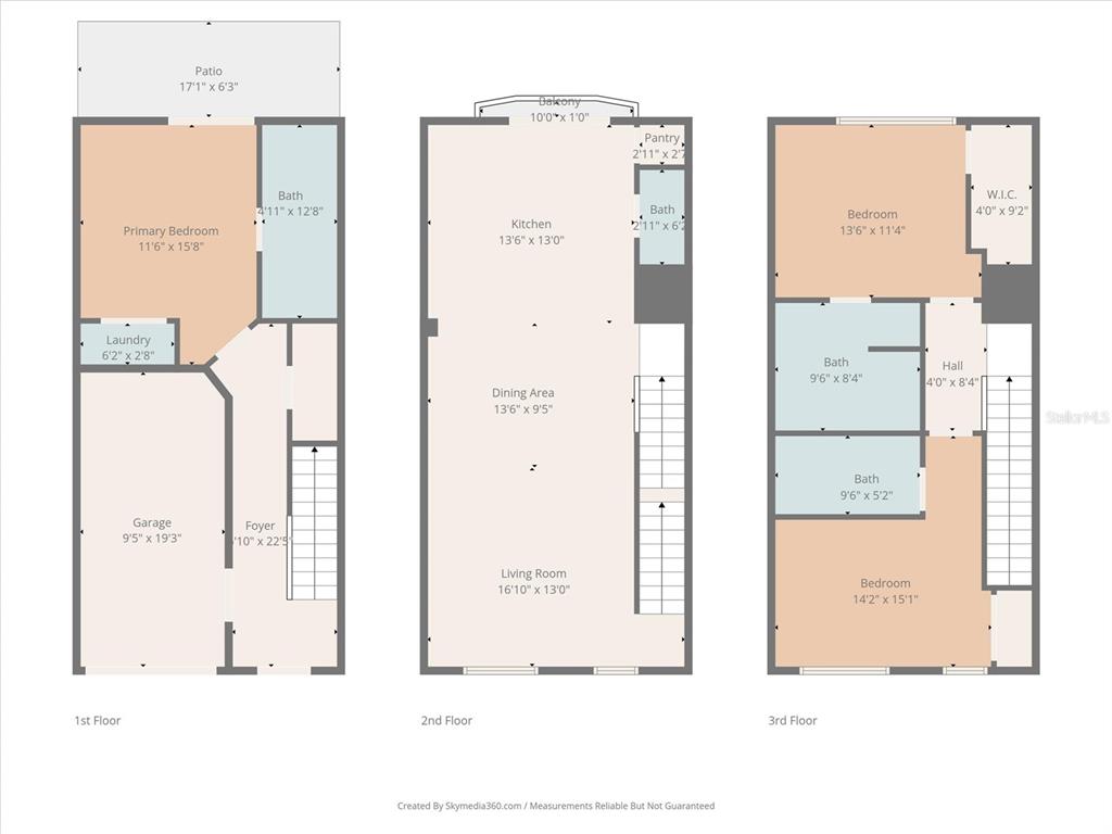 This floor plan shows the layout of a three-story residential property with a garage — 4800 TIDECREST AVENUE UNIT 172, ORLANDO, FL