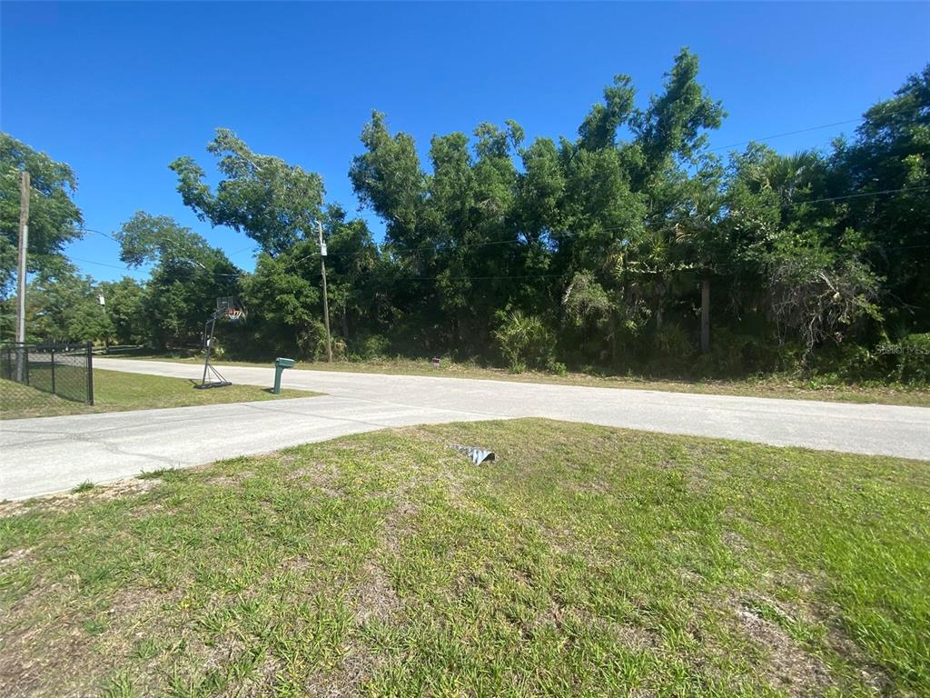 A grassy lot faces a paved road bordered by dense trees and a basketball hoop — APRIL AVENUE, NORTH PORT, FL