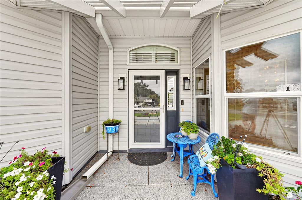 A covered front porch features light gray siding, a glass storm door, and potted plants — 313 GONZALES PLACE, LADY LAKE, FL
