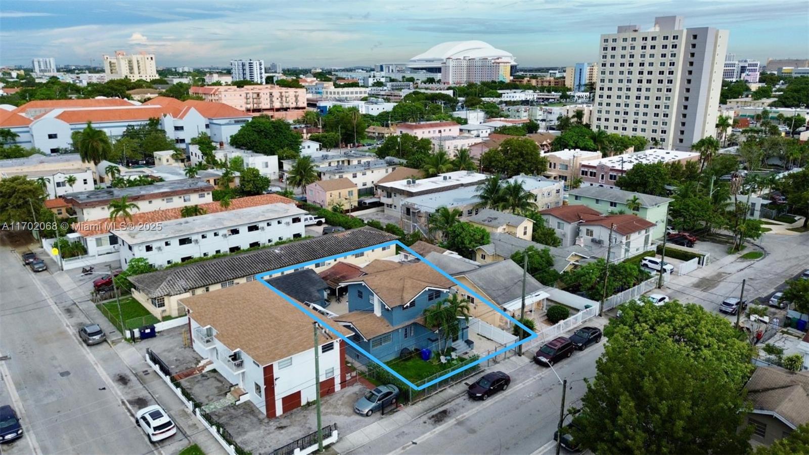 An aerial view shows a blue two-story house highlighted by a blue outline — 236 SW 10 Avenue, Miami FL 33130, MIAMI, FL