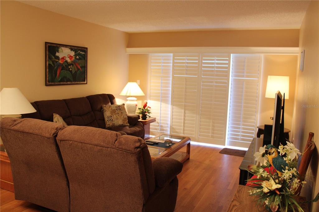 A living room features a brown sofa, wooden coffee table, and white plantation shutters — 325 N CAUSEWAY UNIT D108, NEW SMYRNA BEACH, FL