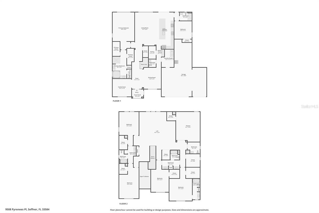 This image shows a two-story floor plan for a residential home — 9508 PYRENEES PLACE, SEFFNER, FL