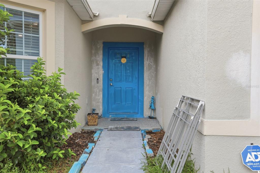 A blue front door is set within a recessed entryway of a stucco house — 209 MEGHAN CIR, DELAND, FL