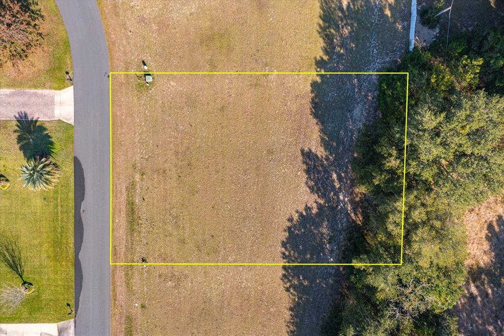 An aerial view shows a rectangular vacant lot outlined in yellow next to a road — 1007 MYRTLE BREEZES COURT, FRUITLAND PARK, FL