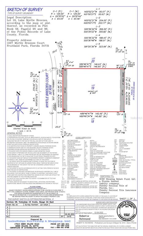 This is a survey sketch of a residential property lot — 1007 MYRTLE BREEZES COURT, FRUITLAND PARK, FL