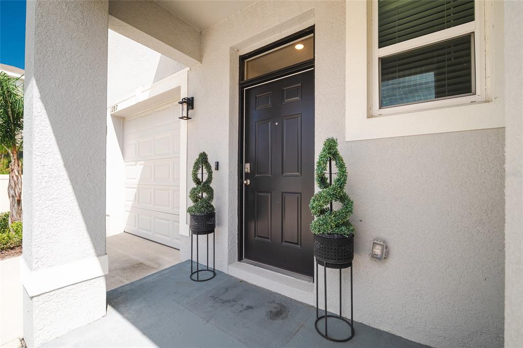A black front door with a transom window sits between two topiary plants on a porch — 1287 COLT CREEK PLACE, WESLEY CHAPEL, FL