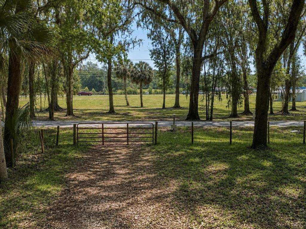 A metal gate opens from a grassy yard toward a road and a large field — 4602 SE 19TH AVENUE, OCALA, FL