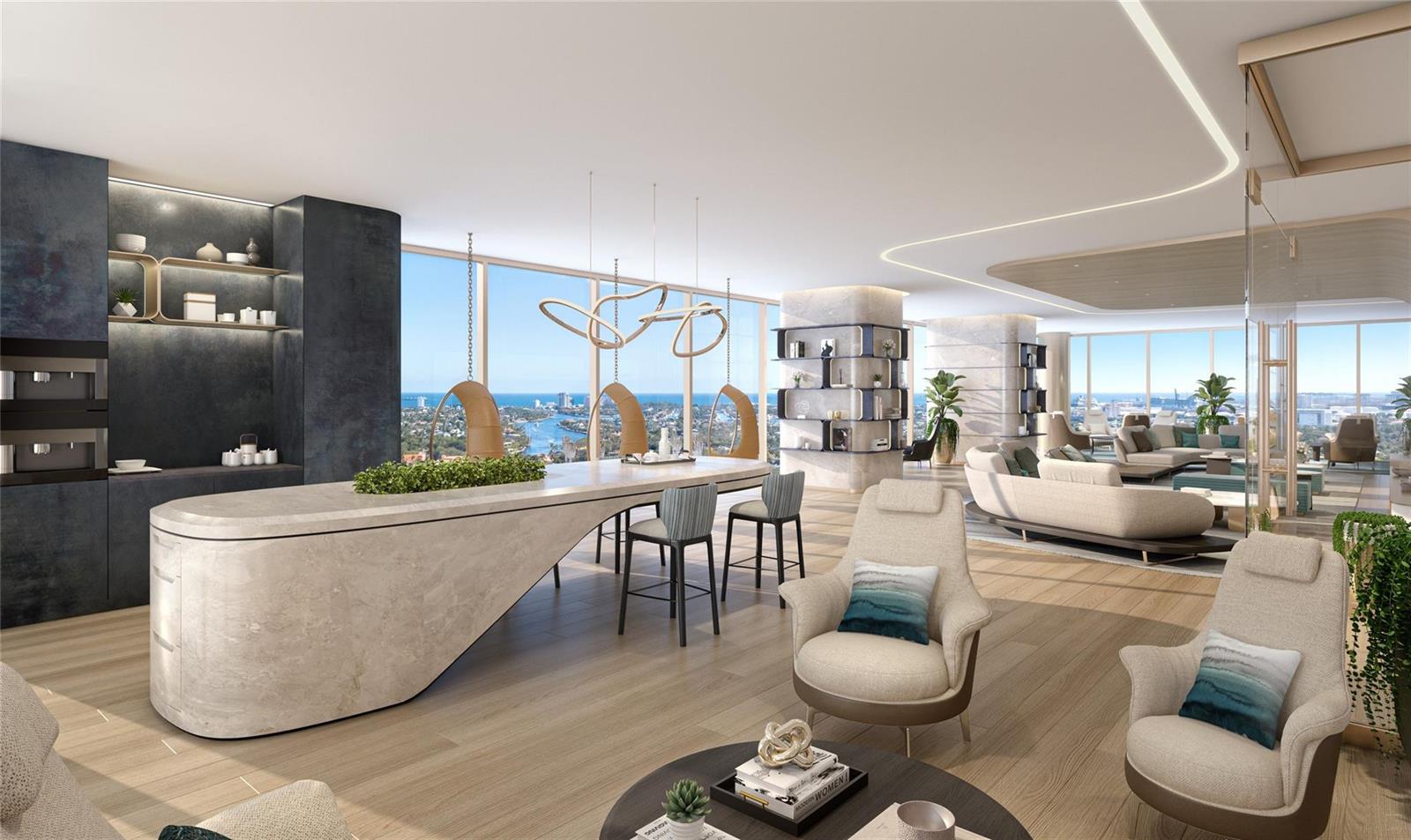 This rendering shows a modern open-plan lounge with a stone island, seating, and ocean views — 521 E Las Olas Boulevard # 3, Fort Lauderdale FL 33301, FORT LAUDERDALE, FL