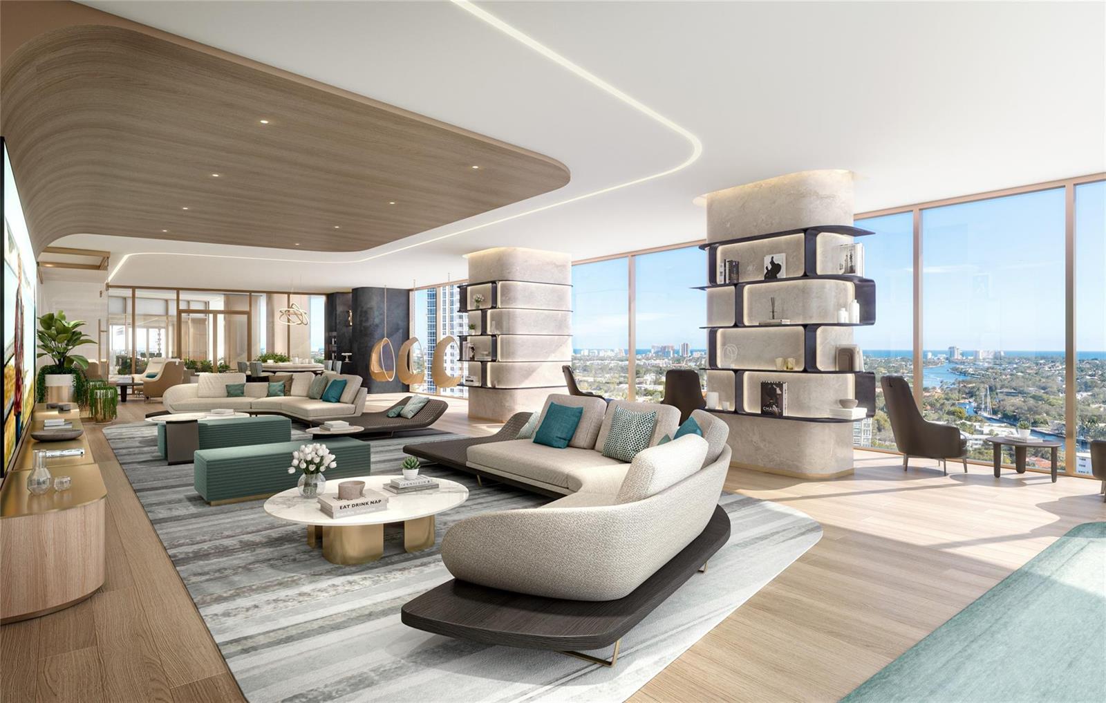 This rendering shows a modern, open-concept lounge with curved sofas, stone columns, and floor-to-ceiling windows — 521 E Las Olas Boulevard # 3, Fort Lauderdale FL 33301, FORT LAUDERDALE, FL