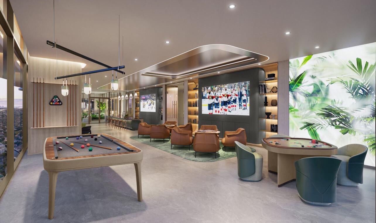 This rendering shows a modern game room with a pool table, lounge seating, and television — 521 E Las Olas Boulevard # 3, Fort Lauderdale FL 33301, FORT LAUDERDALE, FL