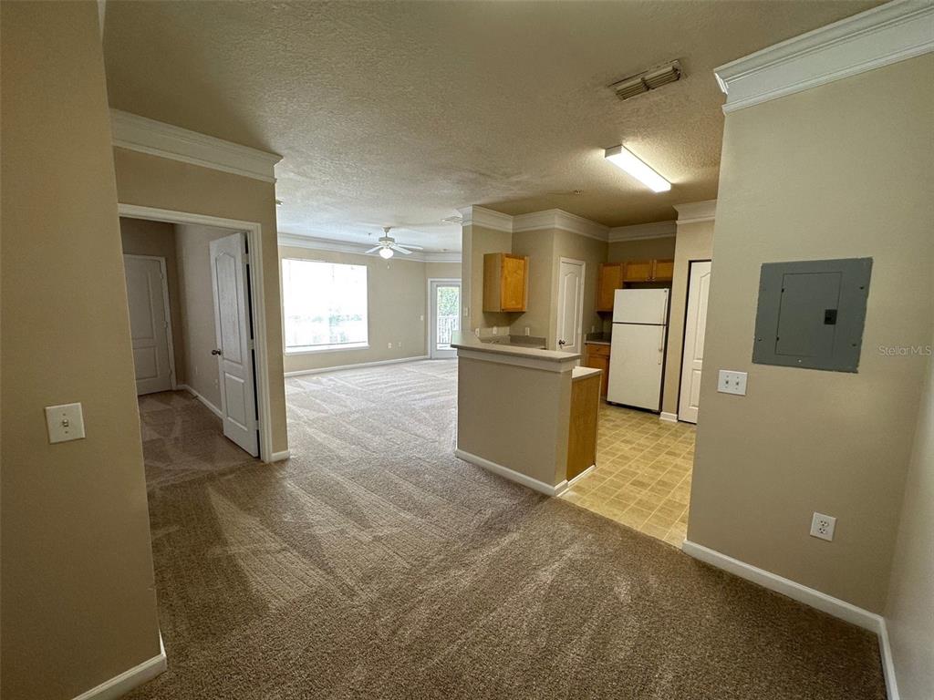 An interior view shows a carpeted living area adjacent to a kitchen with linoleum flooring — 8836 VILLA VIEW CIRCLE UNIT 201, ORLANDO, FL