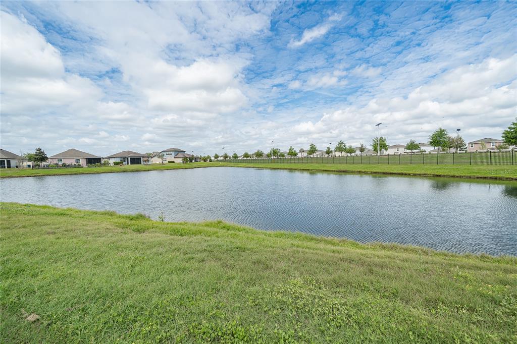 The exterior rear view of a two-story house features a screened-in patio and fenced yard — 8099 LAGO MIST WAY, WESLEY CHAPEL, FL
