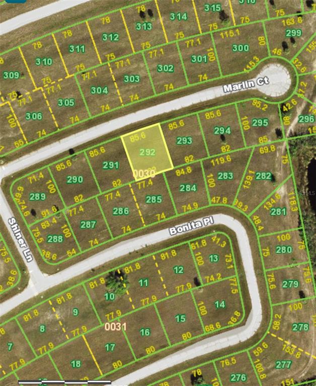 This is a map showing a residential lot highlighted in yellow within a subdivision — 14495 MARLIN COURT, PLACIDA, FL