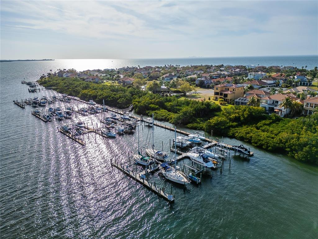 An aerial view shows a marina with numerous docked boats adjacent to a coastal neighborhood — 5910 LA ROSA LANE, APOLLO BEACH, FL
