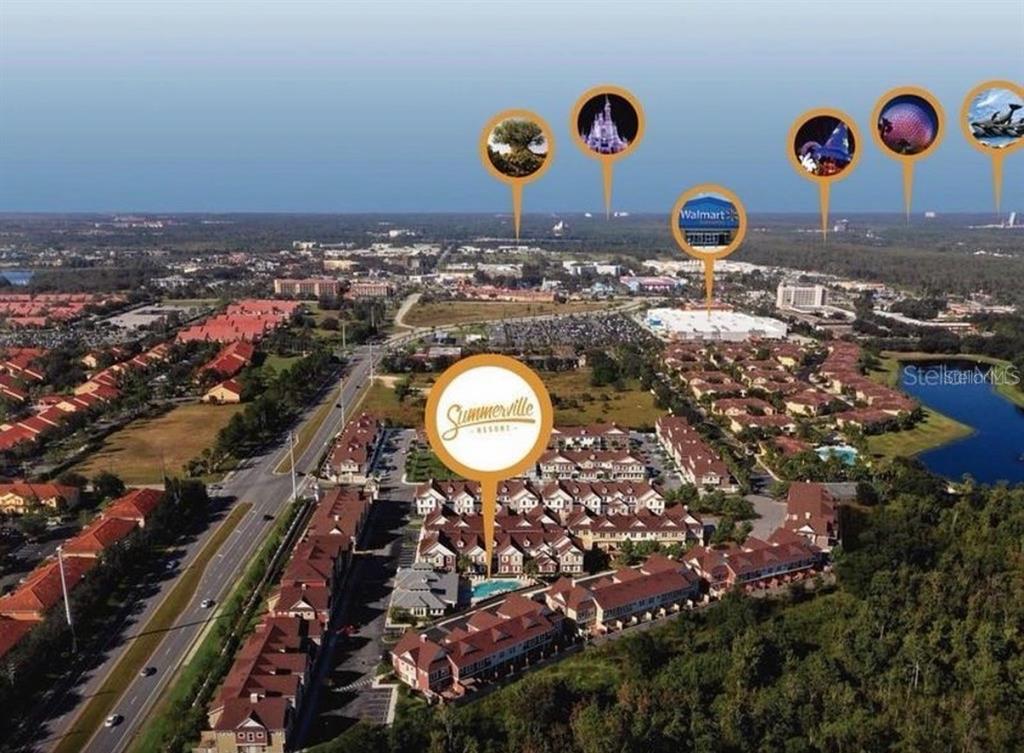 This aerial view shows the Summerville Resort with nearby landmarks marked by circular icons — 7540 SUNVILLE AVENUE, KISSIMMEE, FL