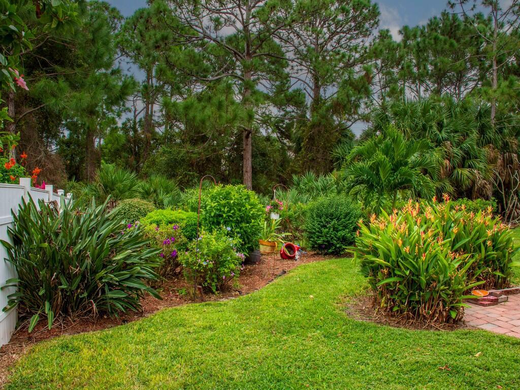 A lush backyard garden features a green lawn, tropical plants, and tall pine trees — 6159 Arlington Way, Fort Pierce FL 34951, FORT PIERCE, FL