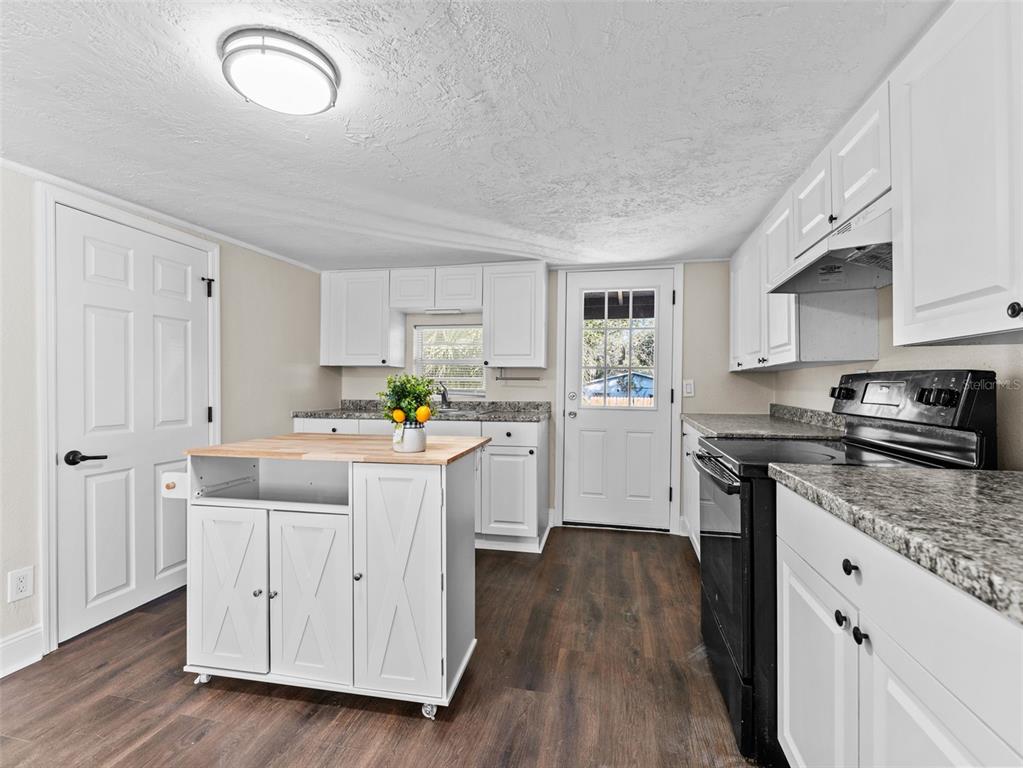 A kitchen with white cabinets and a wooden island overlooks an open living area — 3622 E MOHAWK AVENUE, TAMPA, FL