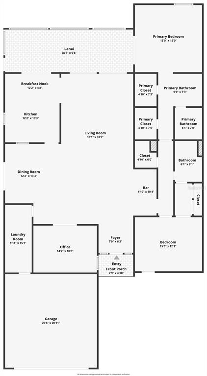 This is a floor plan of a single-story house with a garage, lanai, and bedrooms — 25 HUNTLEY COURT, HAINES CITY, FL