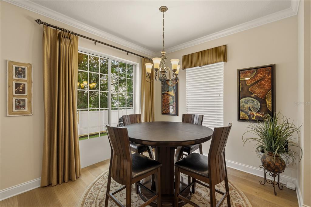 A dining room features a round wooden table, four chairs, a chandelier, and sliding glass doors — 27763 PLEASURE RIDE LOOP, WESLEY CHAPEL, FL