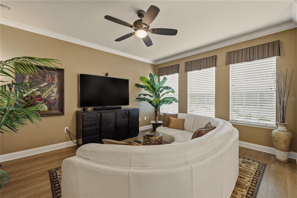 A living room features a curved white sofa, a television on a console, and windows — 27763 PLEASURE RIDE LOOP, WESLEY CHAPEL, FL