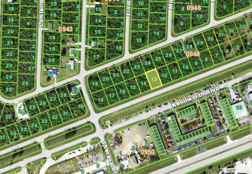 This is a map showing a highlighted residential lot in a suburban neighborhood — 19876 KENILWORTH BOULEVARD, PORT CHARLOTTE, FL