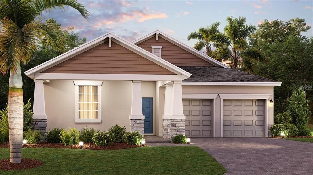 This is a rendering of a single-story house with a two-car garage and front porch — 2519 PEACE OF MIND AVENUE, KISSIMMEE, FL