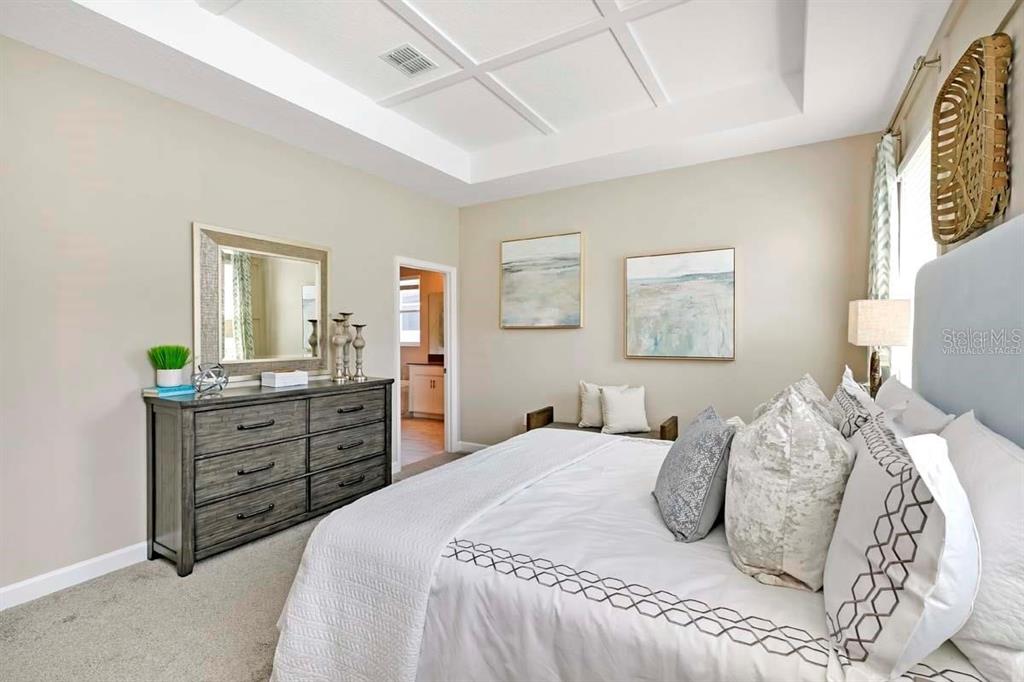 A bedroom features a tray ceiling, a gray dresser, and a king-sized bed — 2519 PEACE OF MIND AVENUE, KISSIMMEE, FL