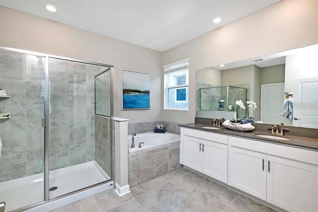 A bathroom features a glass-enclosed shower, a tiled soaking tub, and a double-sink vanity — 2519 PEACE OF MIND AVENUE, KISSIMMEE, FL