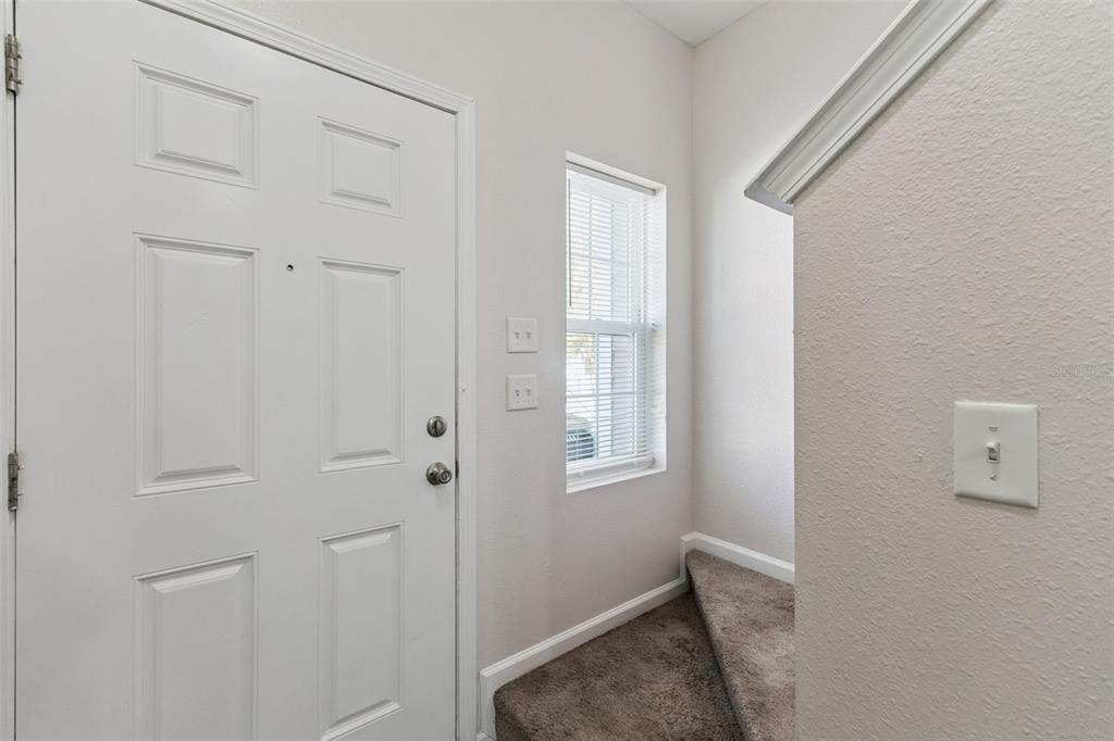 A white front door opens to a carpeted staircase with a window and light switches — 3551 RAIN FOREST DRIVE W, JACKSONVILLE, FL