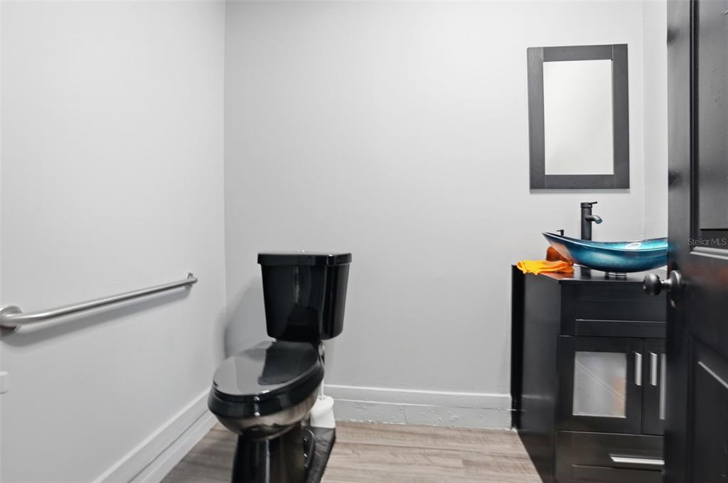 A bathroom features a black toilet, a blue vessel sink, and a silver grab bar — 13379 CHAMBORD STREET, BROOKSVILLE, FL