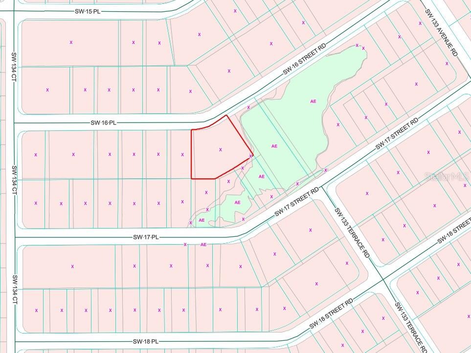 This is a map showing property lot lines and flood zone designations in a residential area — TBD SW 16TH PLACE, OCALA, FL