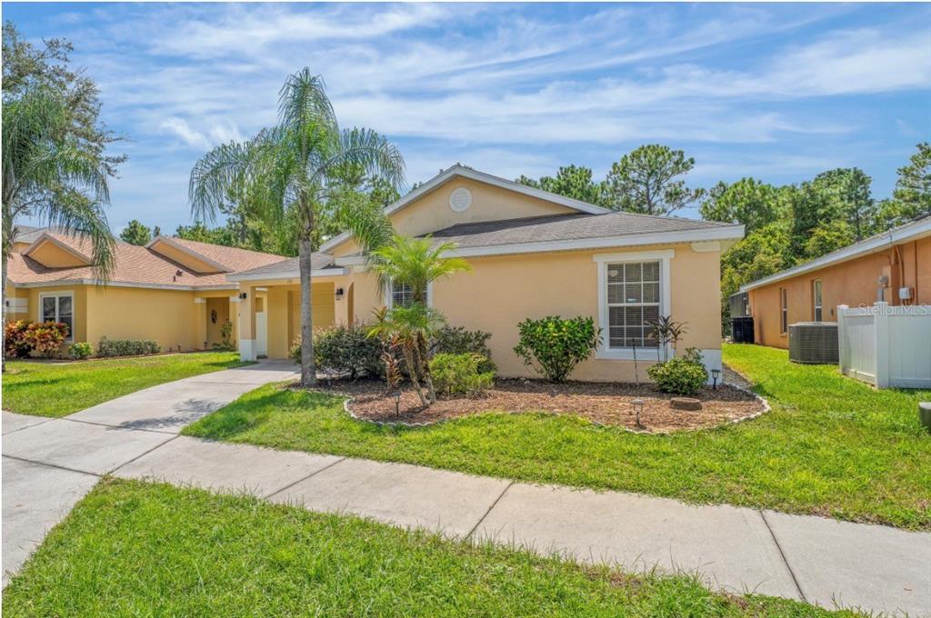 A single-story tan stucco house with a palm tree and a concrete driveway — 131 SANDY RIDGE DRIVE, DAVENPORT, FL