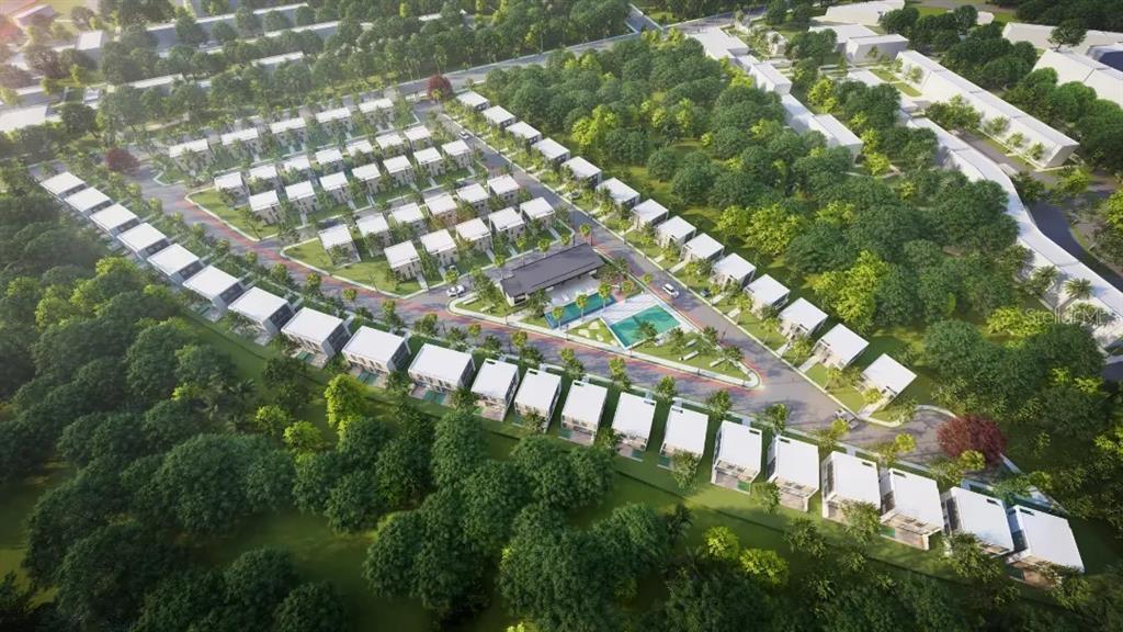 An aerial rendering shows a residential community with modern houses, a clubhouse, and a pool — 51 AVENIDA BARCELO, PUNTA CANA, VA