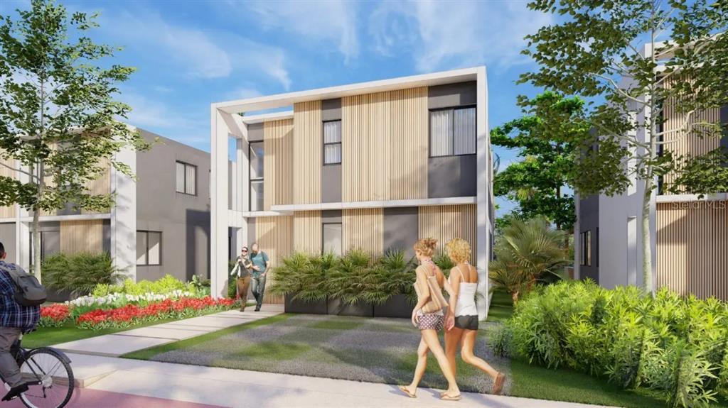 This is a digital rendering of a modern two-story townhouse with wood-slat exterior siding — 51 AVENIDA BARCELO, PUNTA CANA, VA
