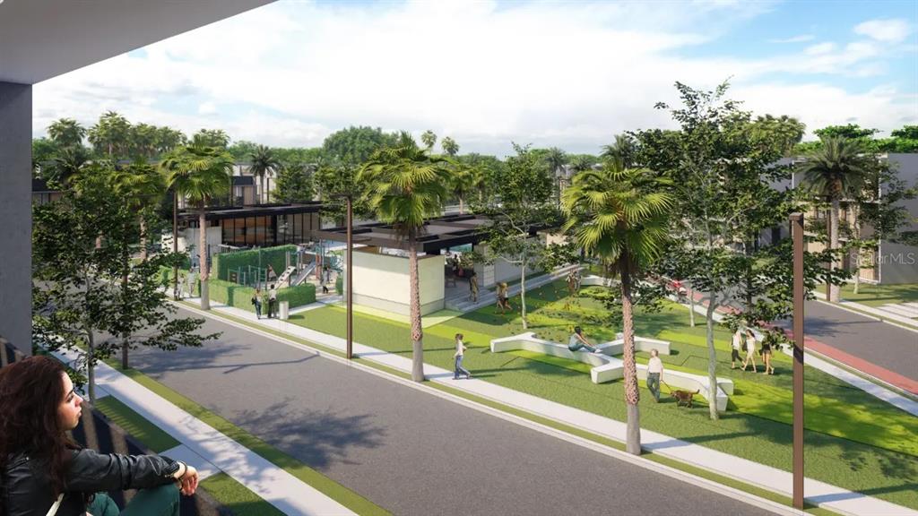 This rendering shows an outdoor community park with palm trees, a playground, and walking paths — 51 AVENIDA BARCELO, PUNTA CANA, VA