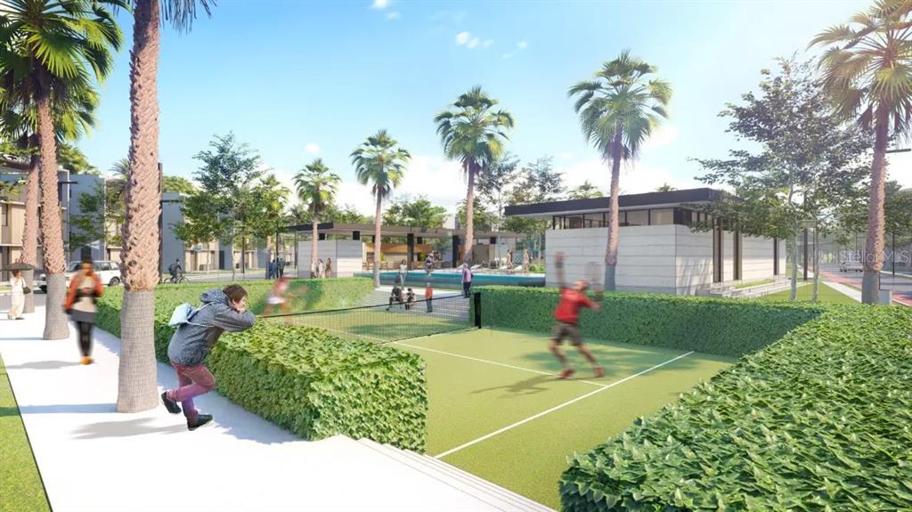 This is a digital rendering of an outdoor tennis court surrounded by hedges and palm trees — 51 AVENIDA BARCELO, PUNTA CANA, VA
