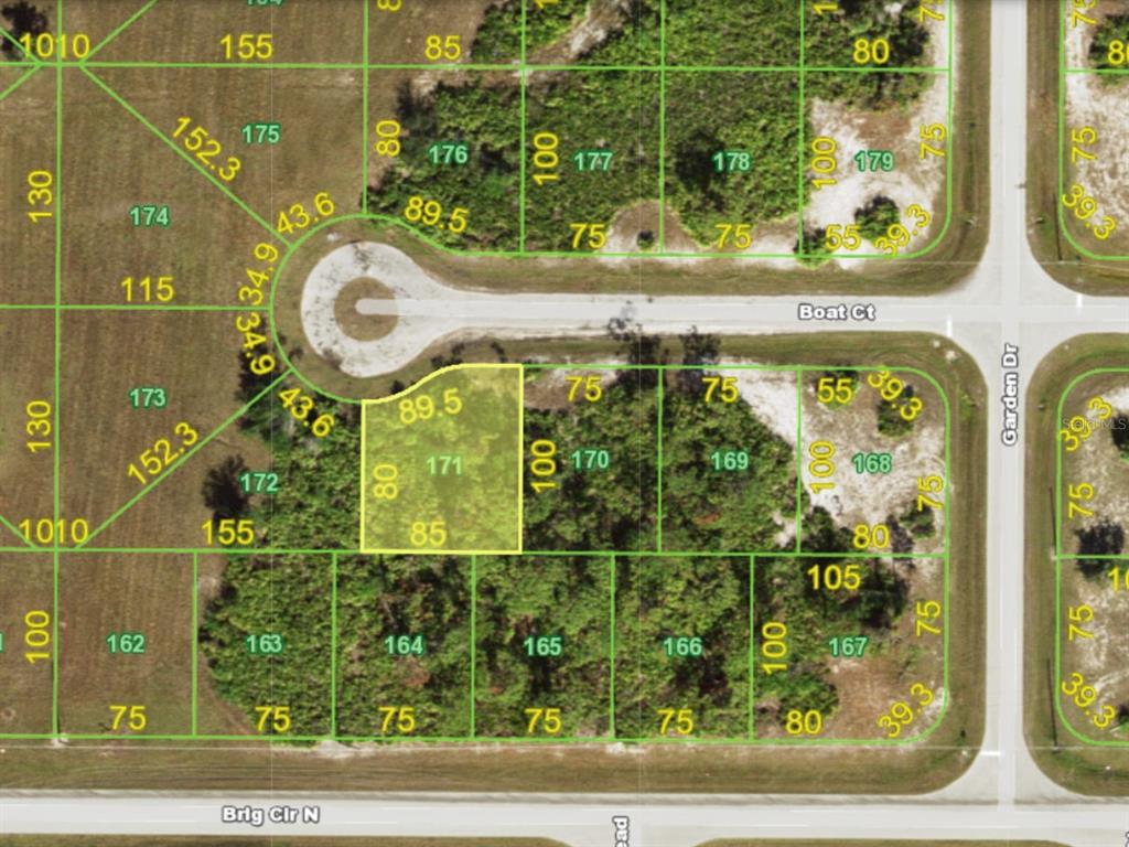 This is a map showing a residential subdivision with highlighted land parcels and street names — 5 BOAT COURT, PLACIDA, FL