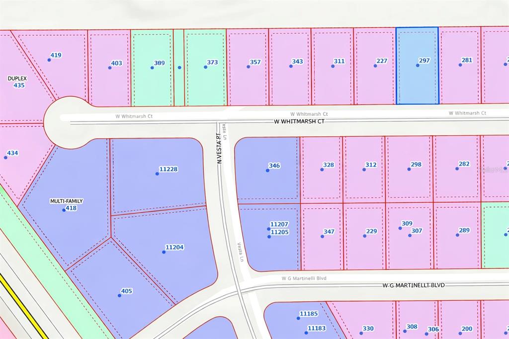 This is a map showing property lot lines and addresses for a residential neighborhood — 297 W WHITMARSH COURT, CITRUS SPRINGS, FL